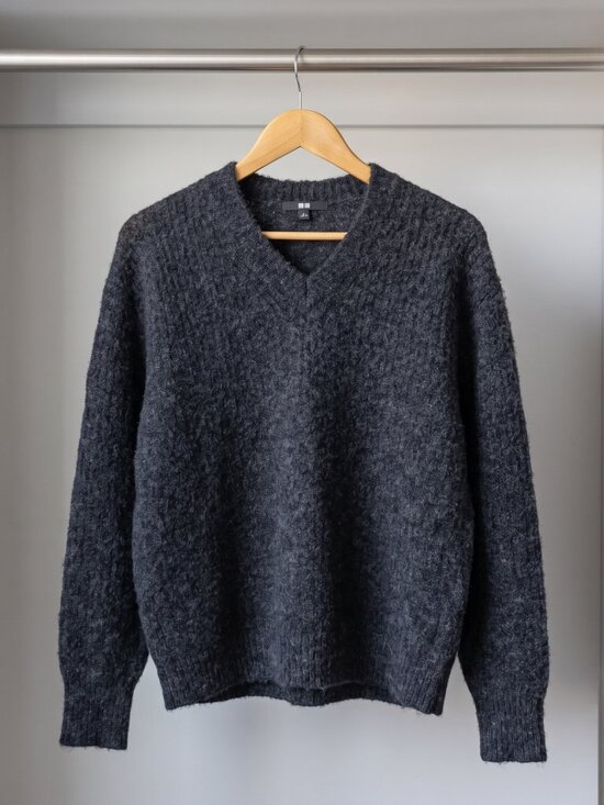 Uniqlo Sweaters - Uniqlo Fluffy Knit V Neck Sweater Charcoal Grey Wool Blend Oversized - Size L
